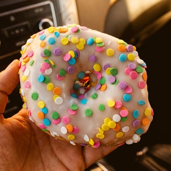 A hand holds a white-frosted donut with colorful sprinkles inside a car.