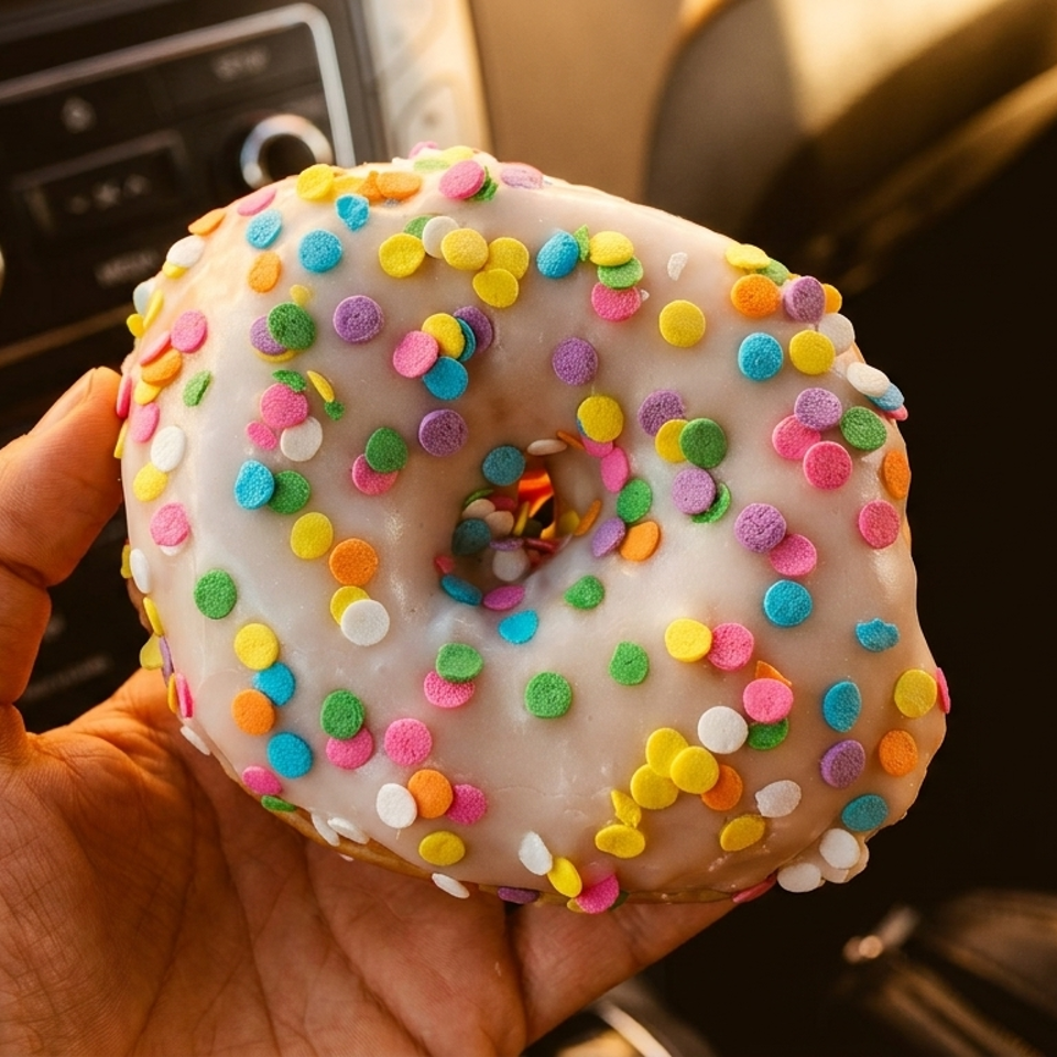 A hand holds a white-frosted donut with colorful sprinkles inside a car.