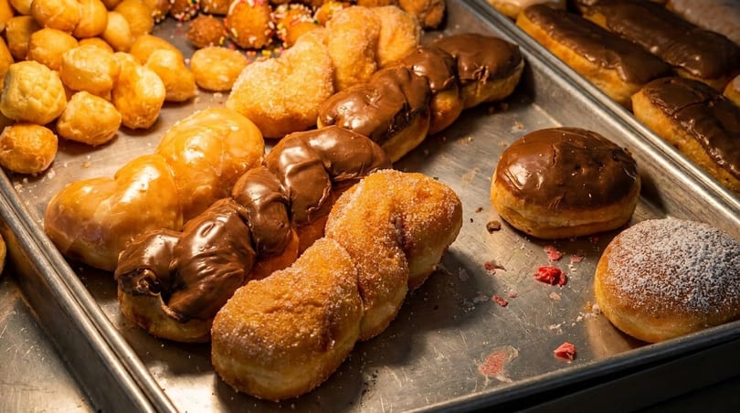 A metal tray filled with various donuts, including glazed, chocolate, sugar-dusted, and donut holes.