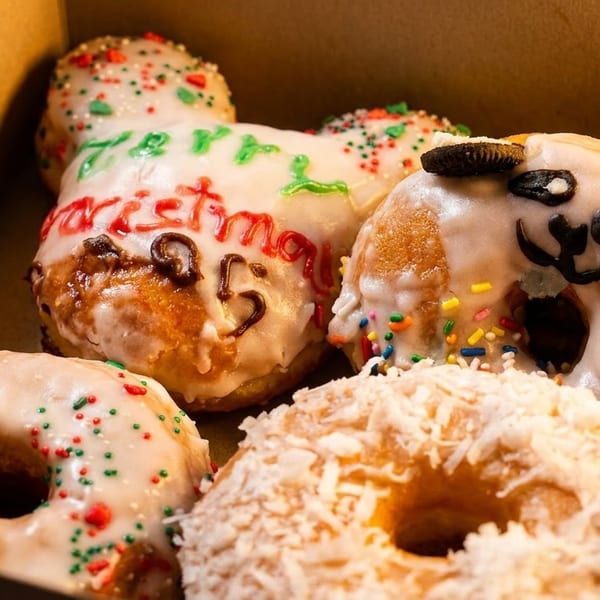A box of festive donuts, including one with "Merry Christmas 25" icing and a panda-decorated donut.