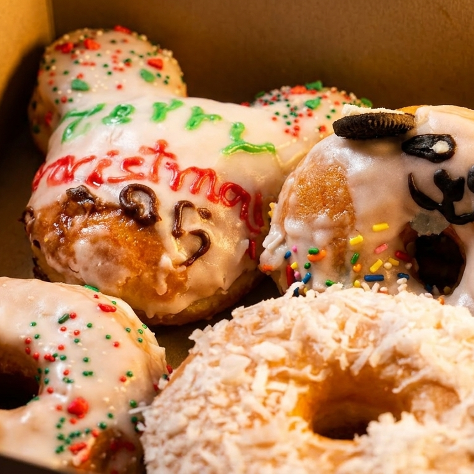 A box of festive donuts, including one with "Merry Christmas 25" icing and a panda-decorated donut.