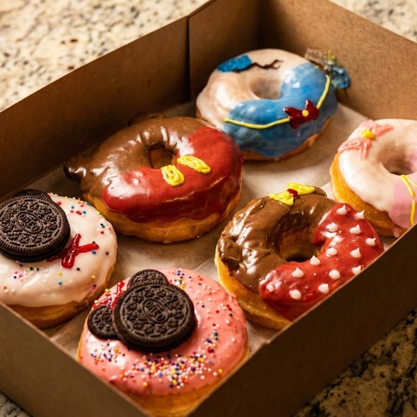 Six colorful, frosted donuts with various toppings, including Oreos, in a brown cardboard box.