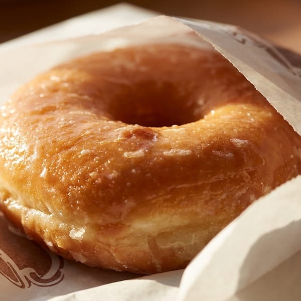 A glazed donut sits in a white paper bag, illuminated by warm sunlight.