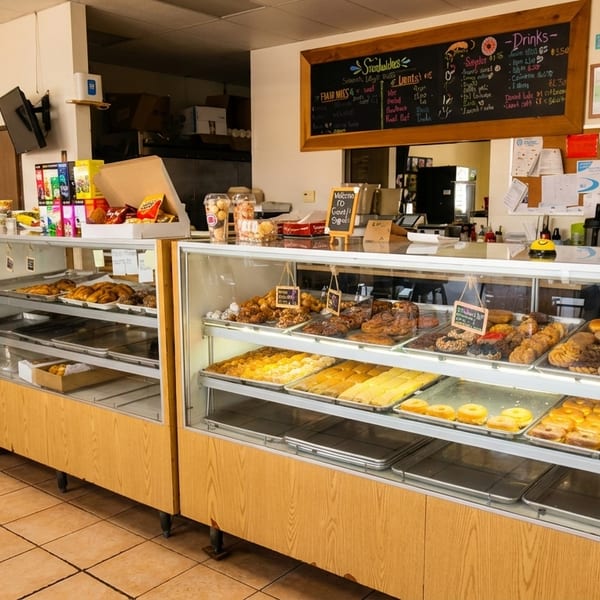 A brightly lit donut shop interior with display cases full of various pastries and donuts.