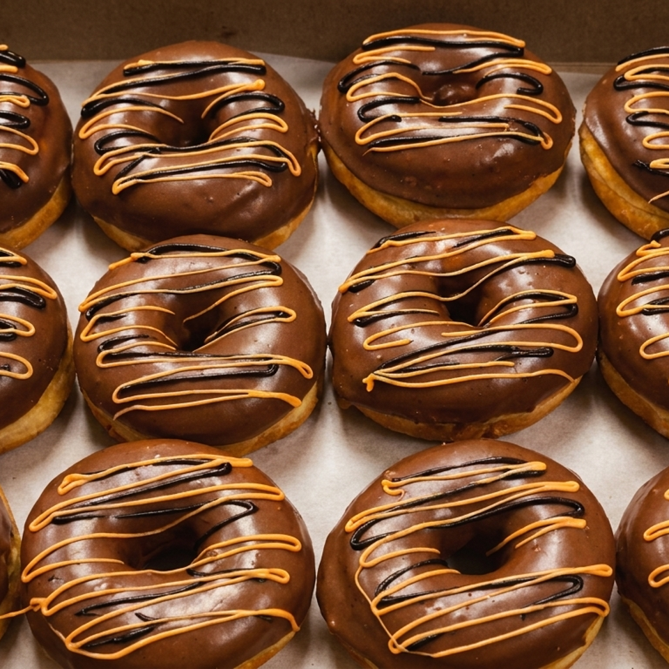 A dozen chocolate-frosted donuts with orange and black drizzle in a cardboard box.